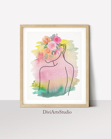 Female Line Art, Pink Woman Illustration Head of Flowers